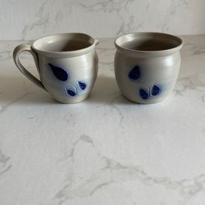 Vintage Salt Glaze Williamsburg Pottery Creamer Sugar Bowl Set Grey Blue Home